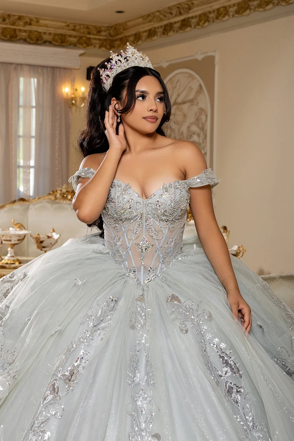 Off Shoulder Layered Ball Gown by May Queen LK293