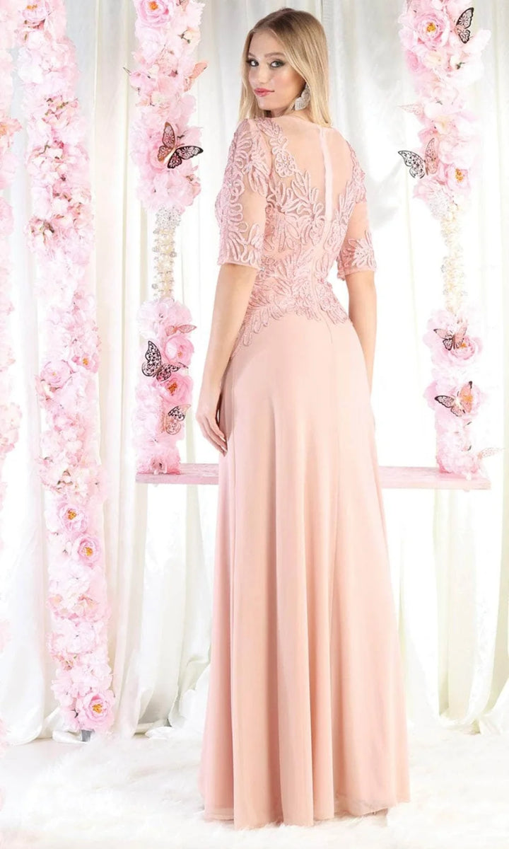 Applique Mid-Sleeve A-line Gown by May Queen MQ1979