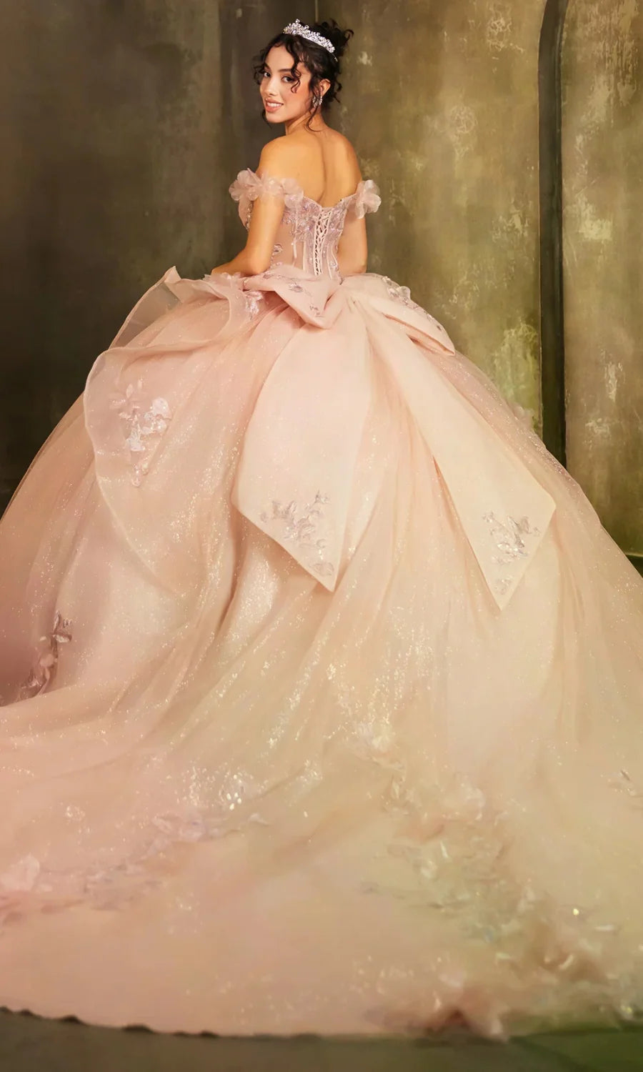 Applique Off Shoulder Ball Gown by May Queen LK270