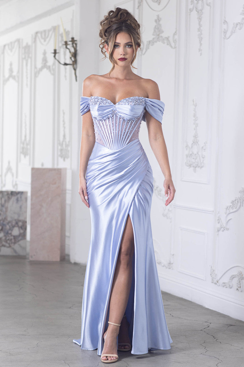 Beaded Off Shoulder Strapless Slit Gown by Lenovia 8403