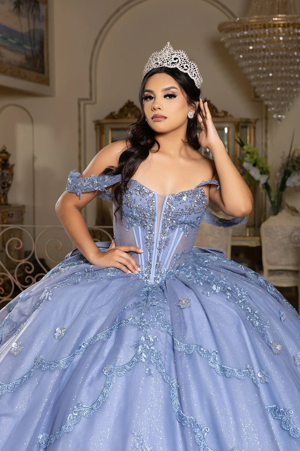 Applique Off Shoulder Ball Gown by May Queen LK283