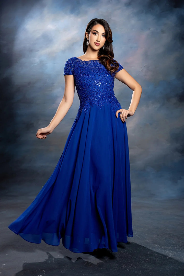 Applique Short Sleeve A-line Gown by May Queen MQ2239