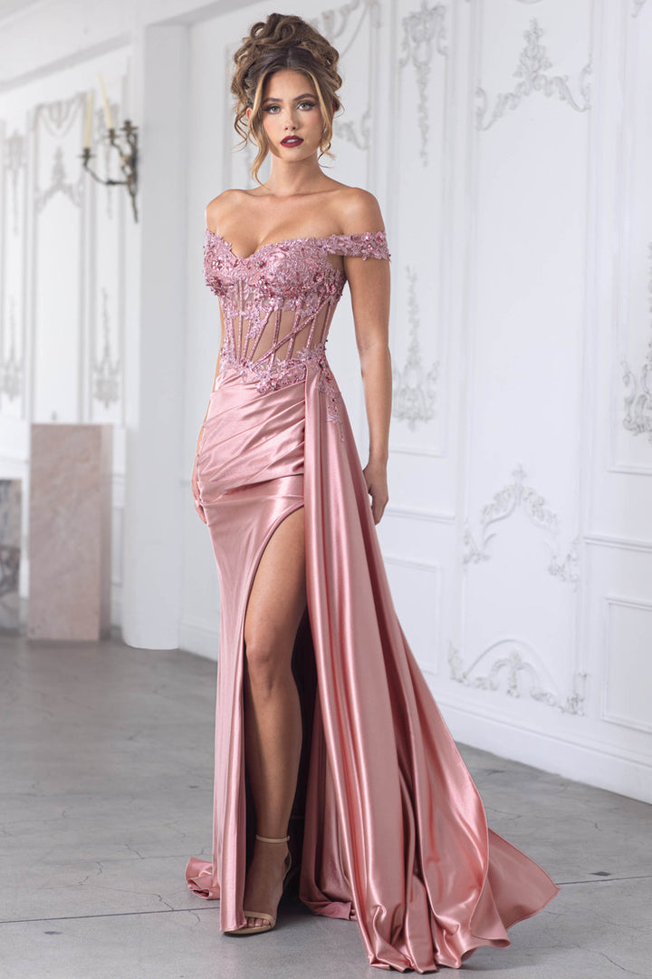 Sateen Off Shoulder Slit Gown by Lenovia 8360