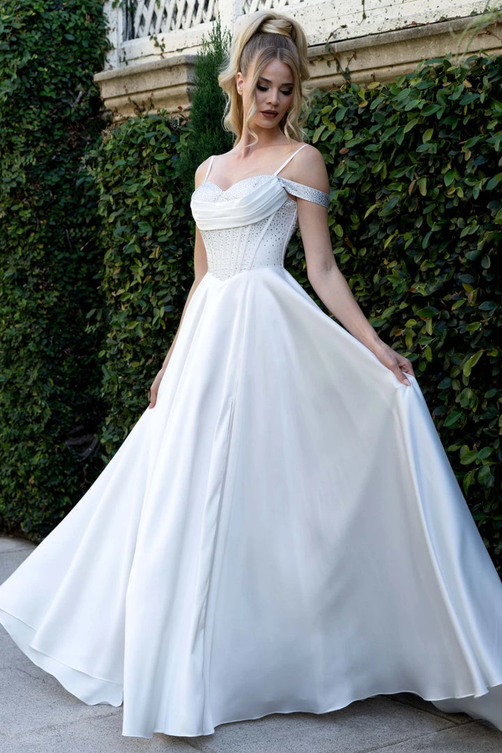 Satin Cold Shoulder A-line Slit Gown by Lenovia 8502