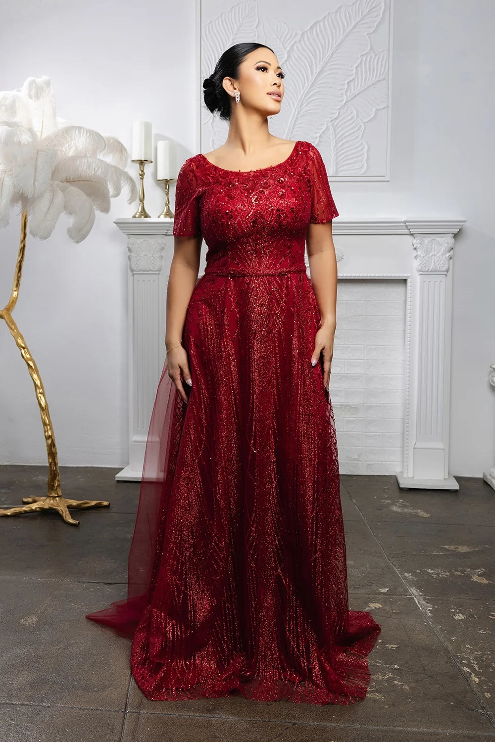 Glitter Short Sleeve A-line Gown by May Queen MQ2185