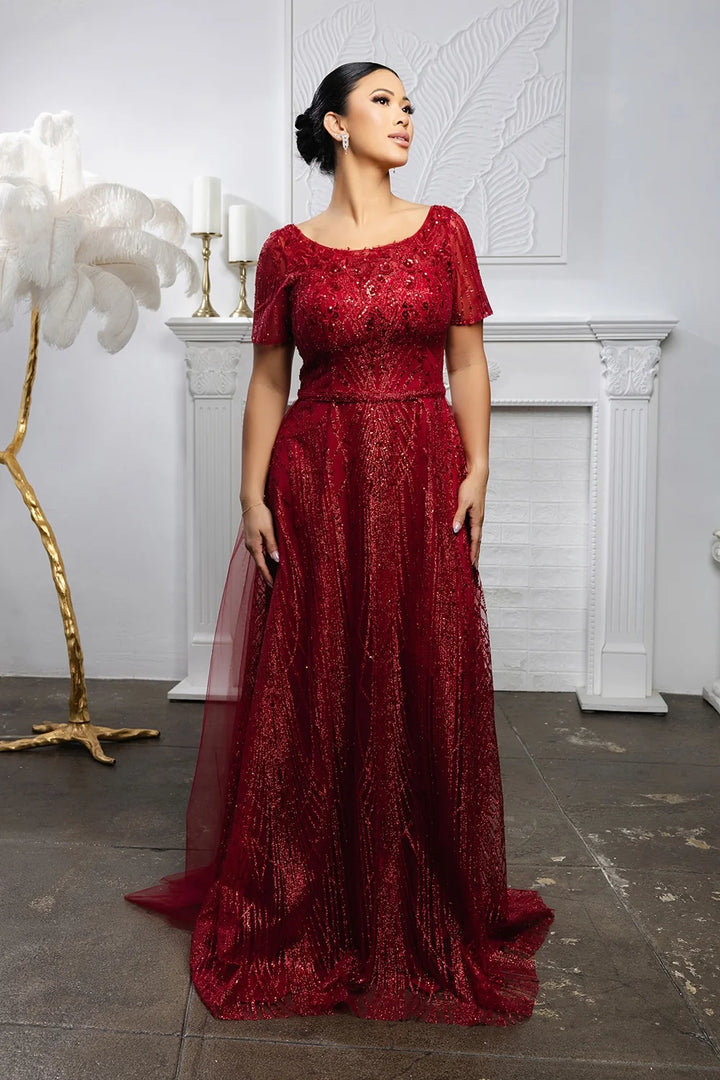 Glitter Short Sleeve A-line Gown by May Queen MQ2185