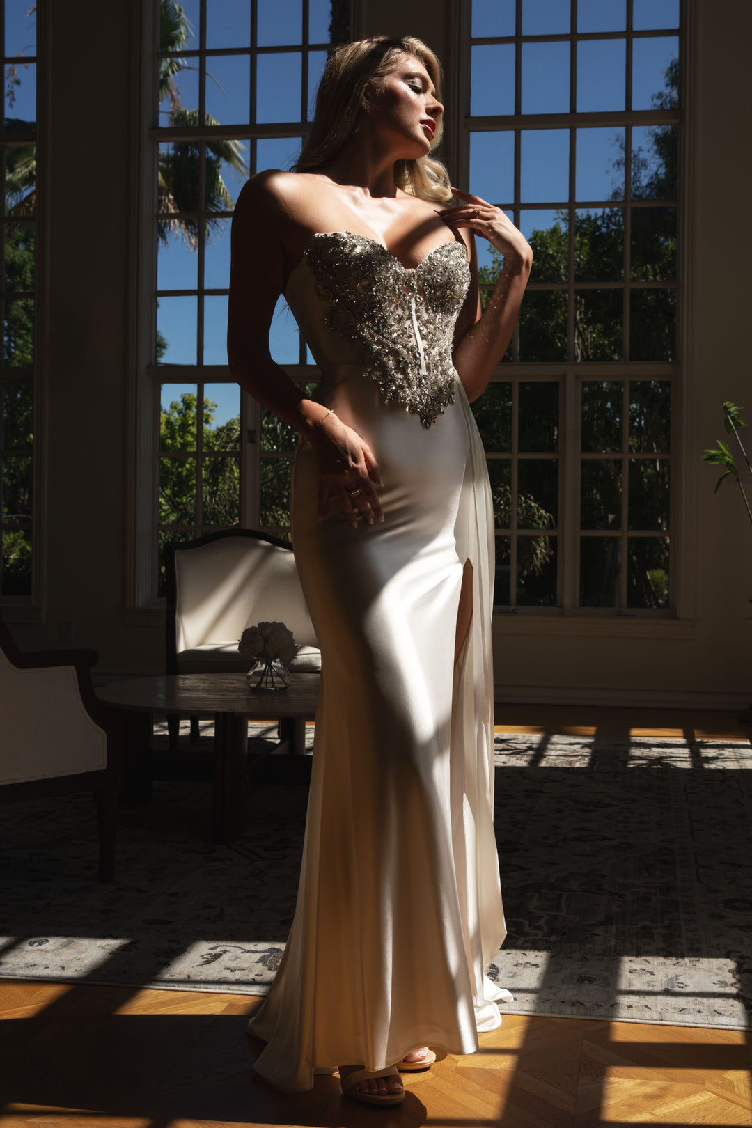 Beaded Satin Strapless Slit Gown by Lenovia 8511