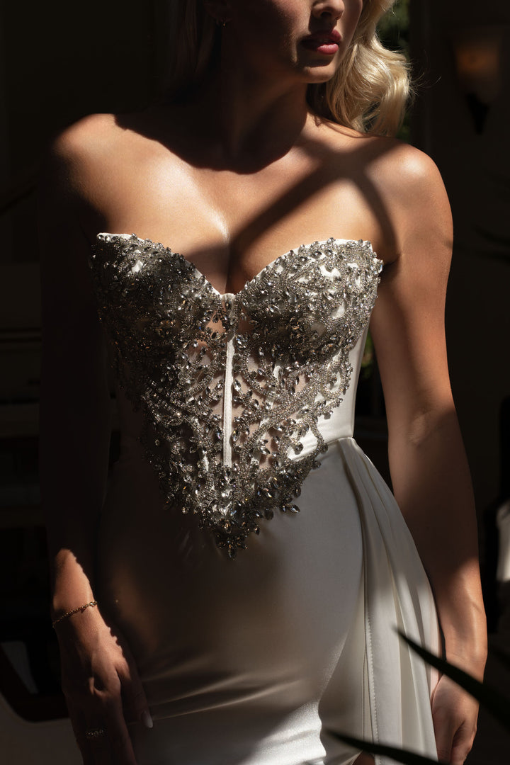 Beaded Satin Strapless Slit Gown by Lenovia 8511