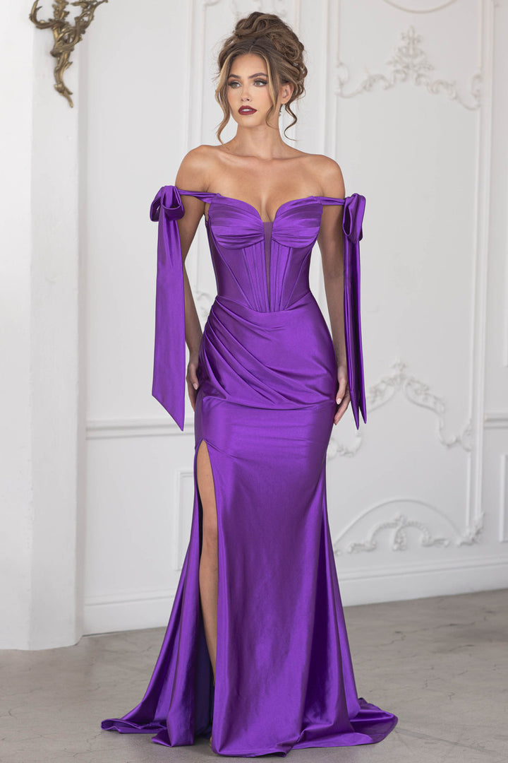 Ribbon Off Shoulder Corset Slit Gown by Lenovia 8401