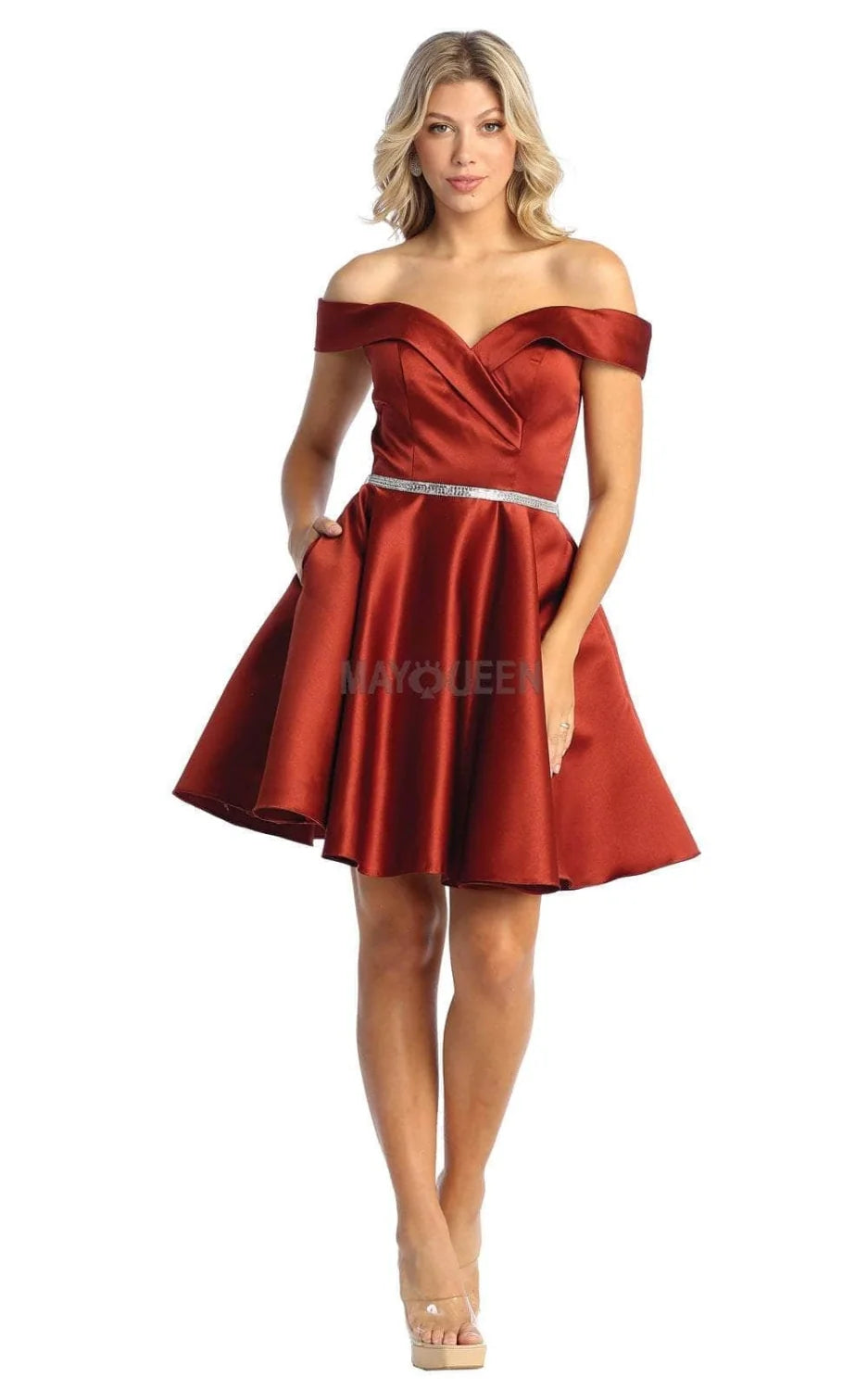 Satin Short Off Shoulder Dress by May Queen MQ1815