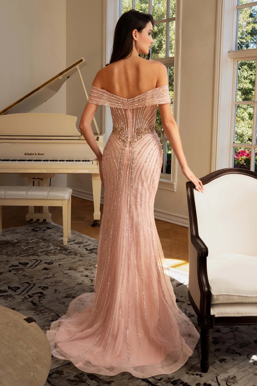 Beaded Fitted Off Shoulder Gown by Lenovia 8523