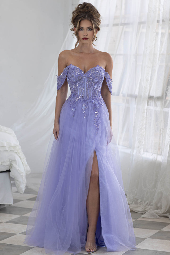 Applique Strapless A-line Slit Gown by Lenovia 8399