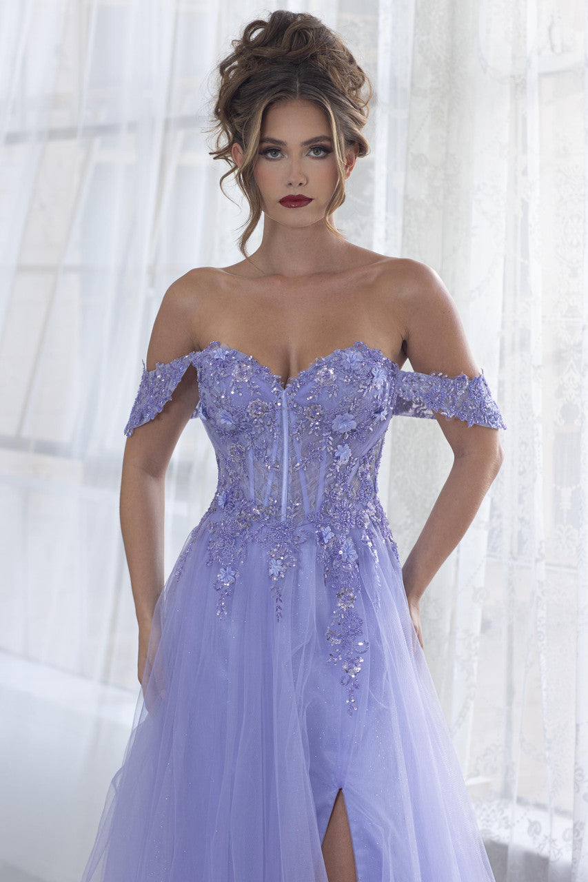 Applique Strapless A-line Slit Gown by Lenovia 8399