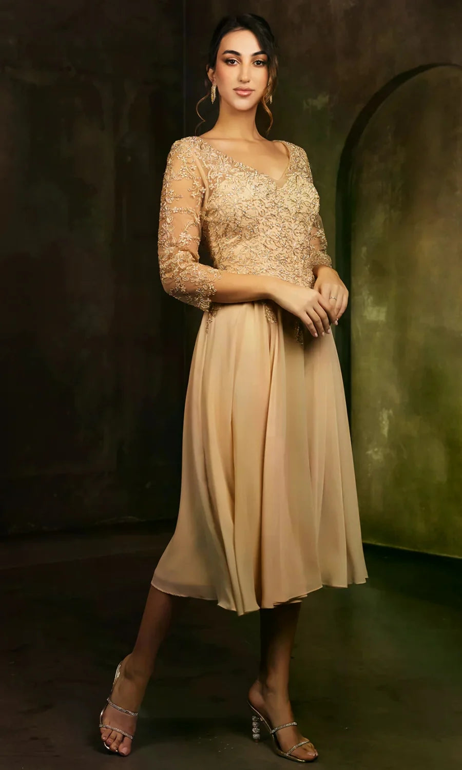 3/4 Sleeve Tea Length Dress by May Queen MQ2108
