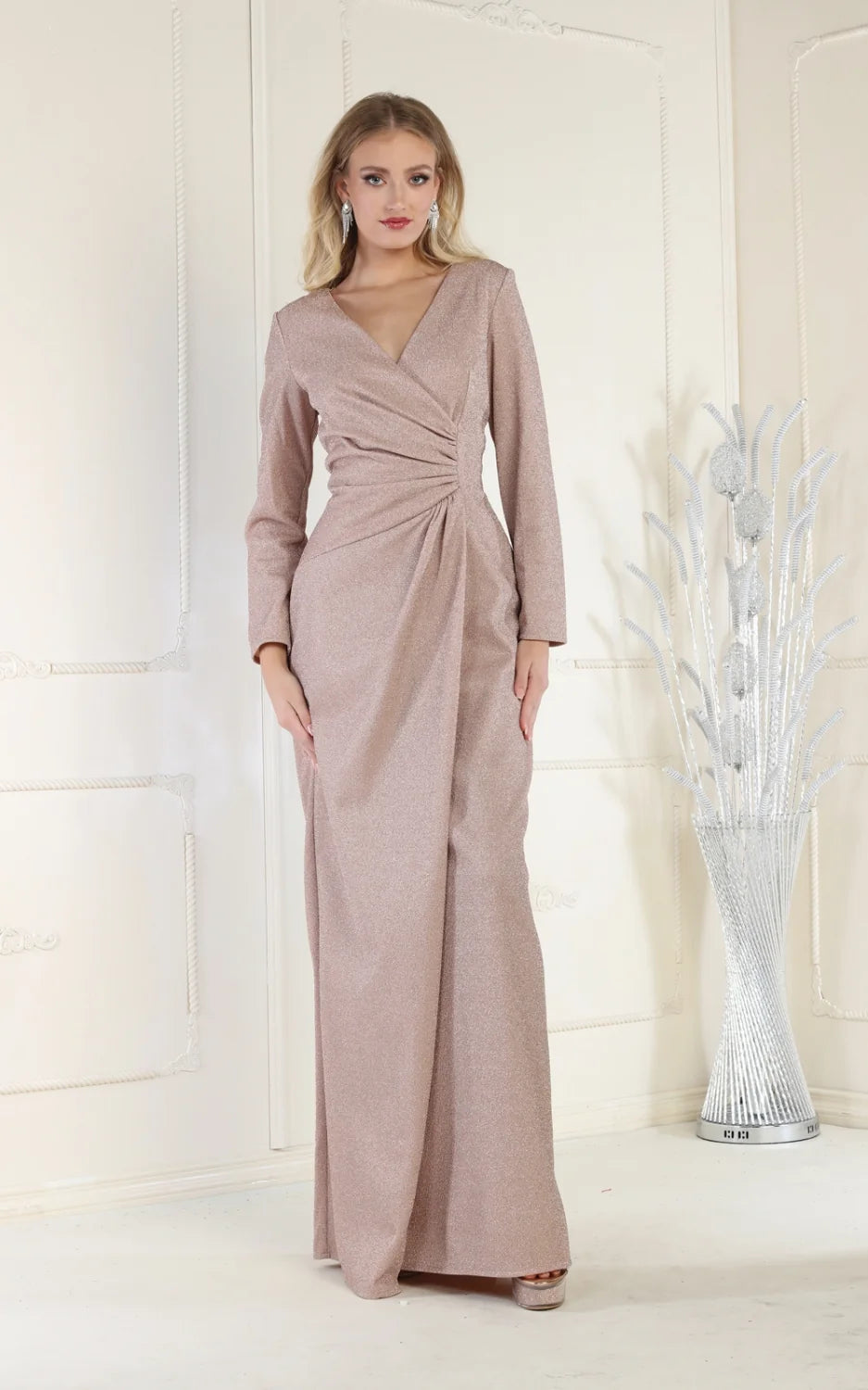 Metallic Long Sleeve Slit Gown by May Queen MQ1924