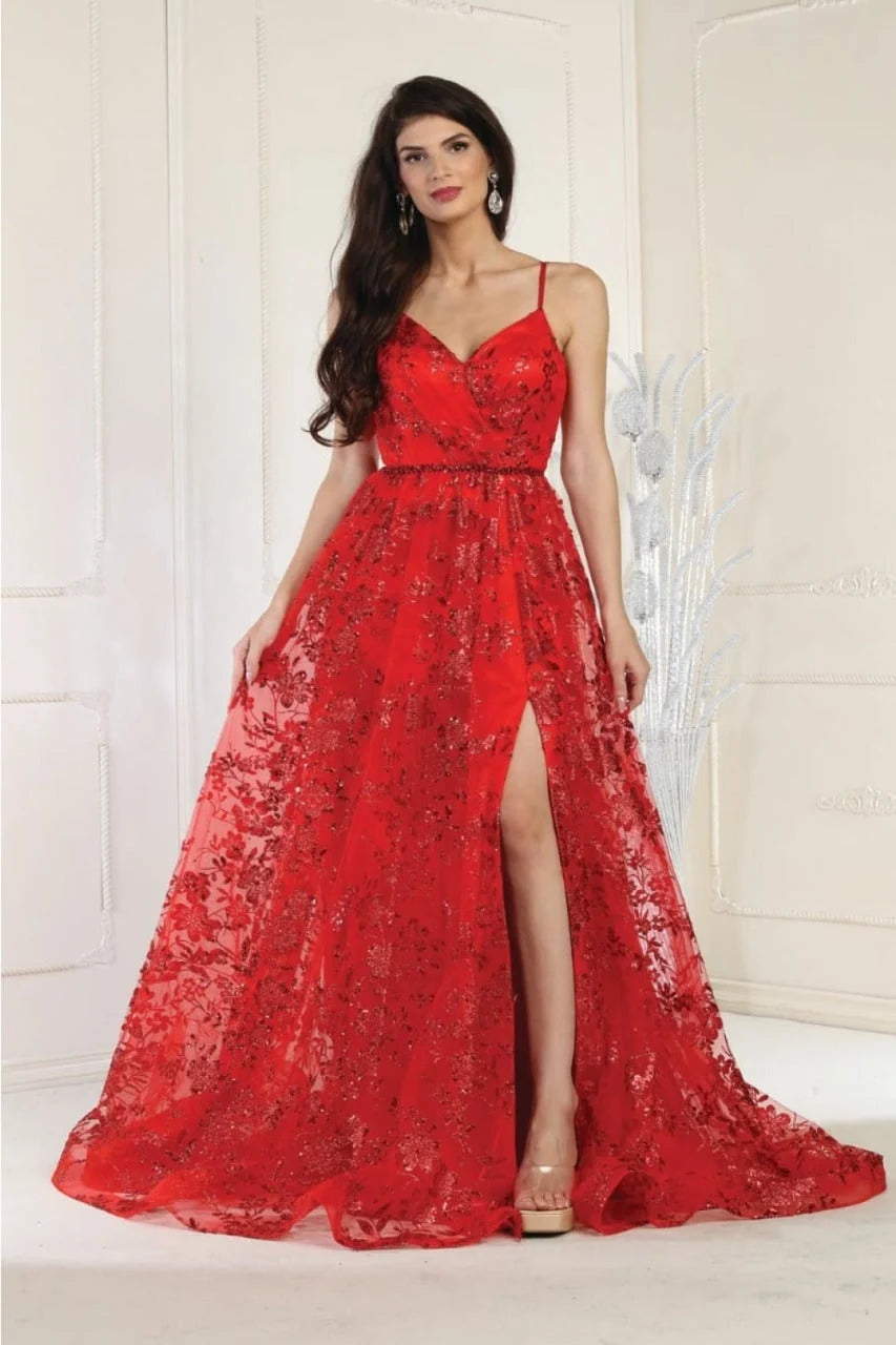 Glitter V-Neck A-line Slit Gown by May Queen MQ1787