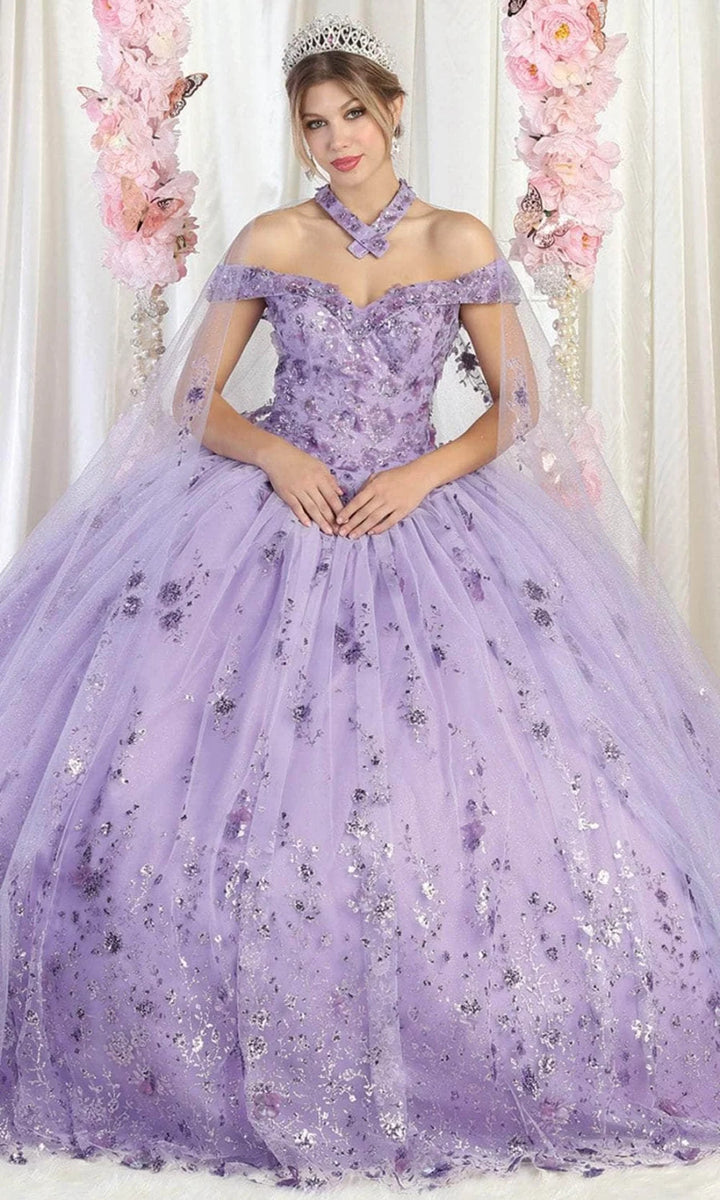 Off Shoulder Cape Ball Gown by May Queen LK202