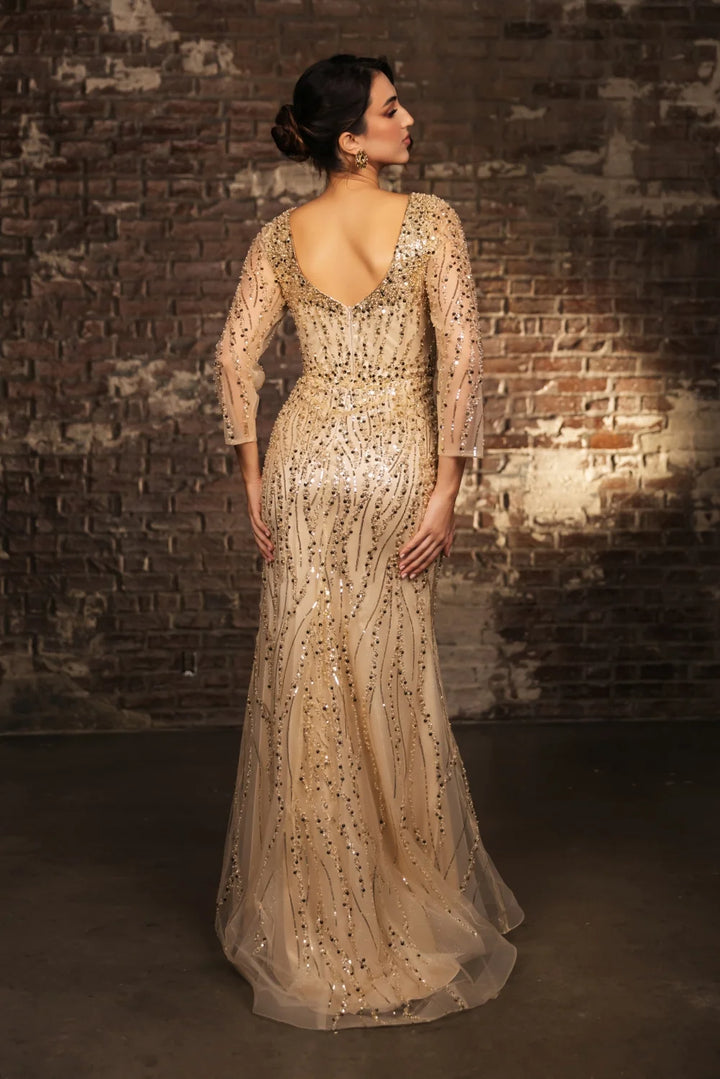 Beaded Long Sleeve Slit Gown by May Queen RQ8174