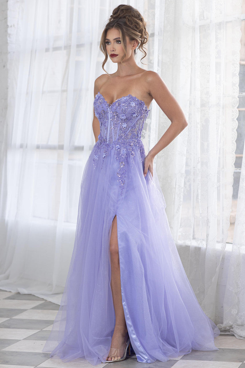 Applique Strapless A-line Slit Gown by Lenovia 8399