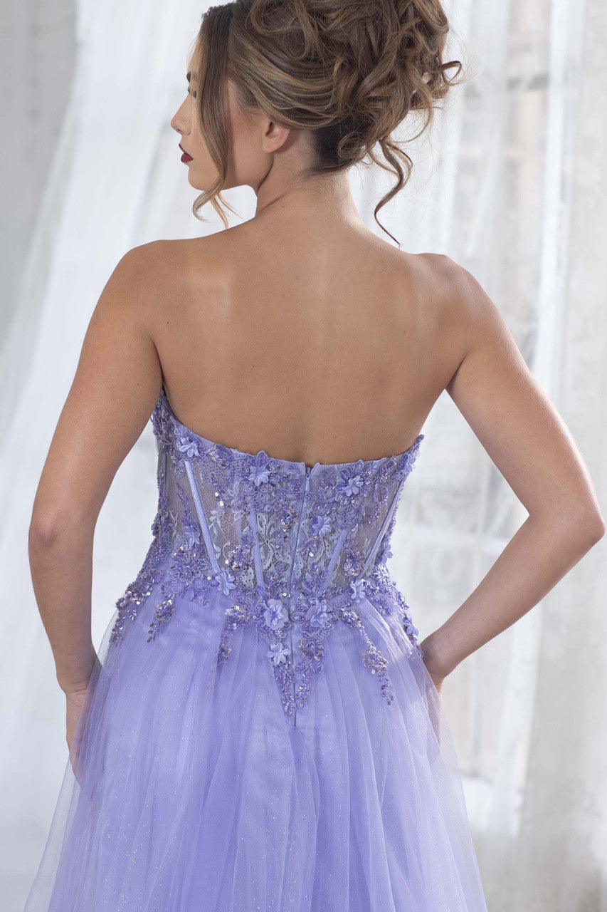 Applique Strapless A-line Slit Gown by Lenovia 8399