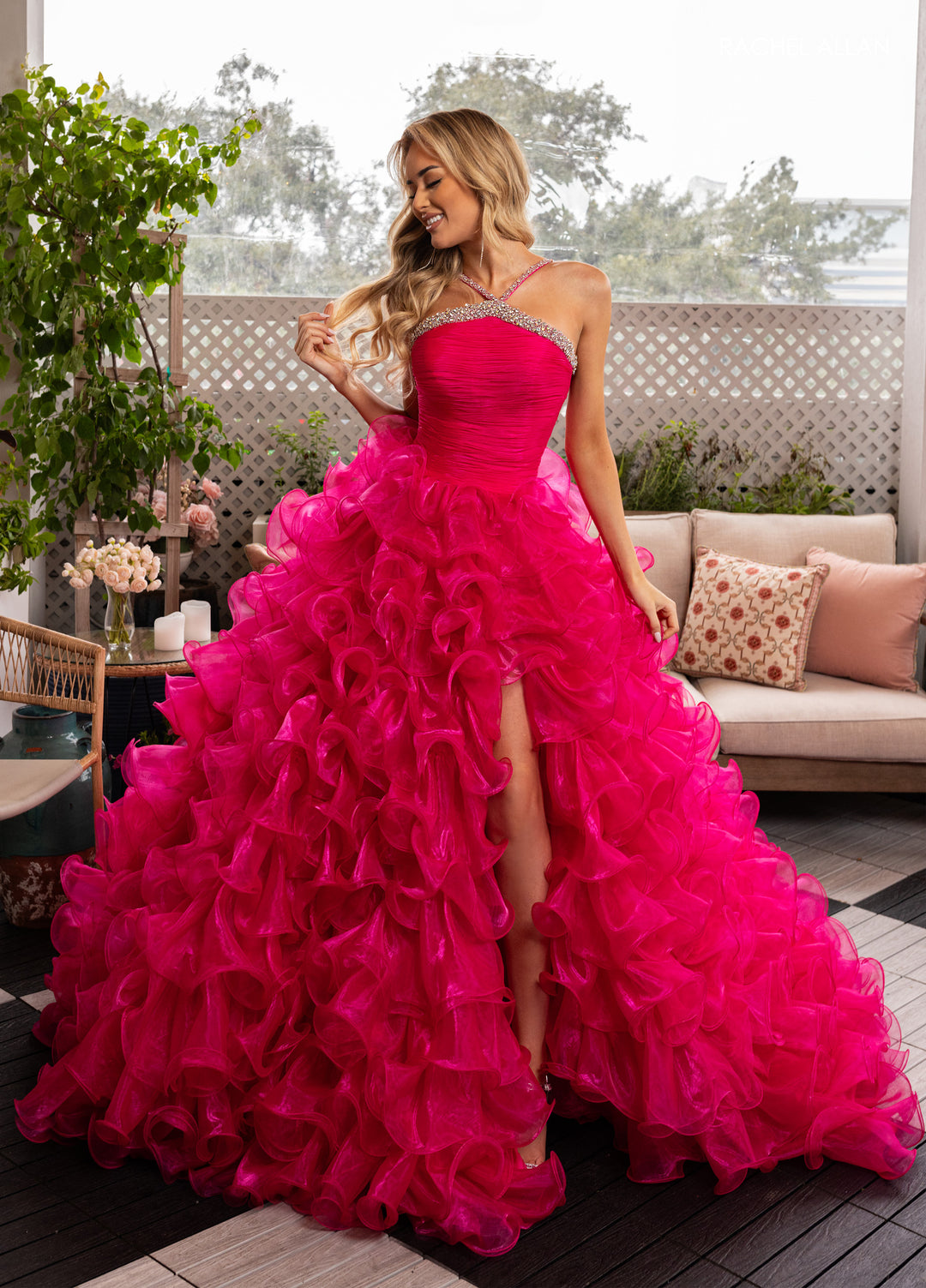 Halter Ruffled A-line Slit Gown by Rachel Allan 50365 Fuchsia / 0 Halter Ruffled A-line Slit Gown by Rachel Allan 50365 Fuchsia / 0