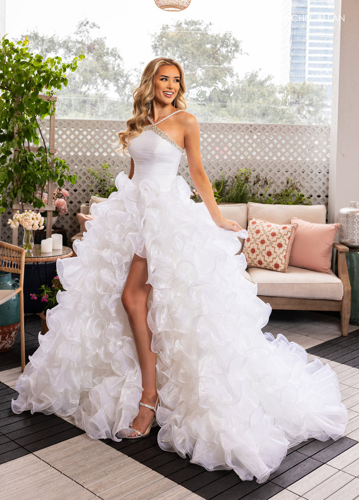 Halter Ruffled A-line Slit Gown by Rachel Allan 50365