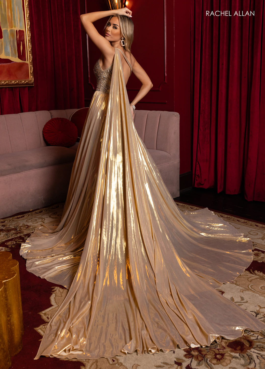 Metallic A-line Slit Gown by Rachel Allan 50372