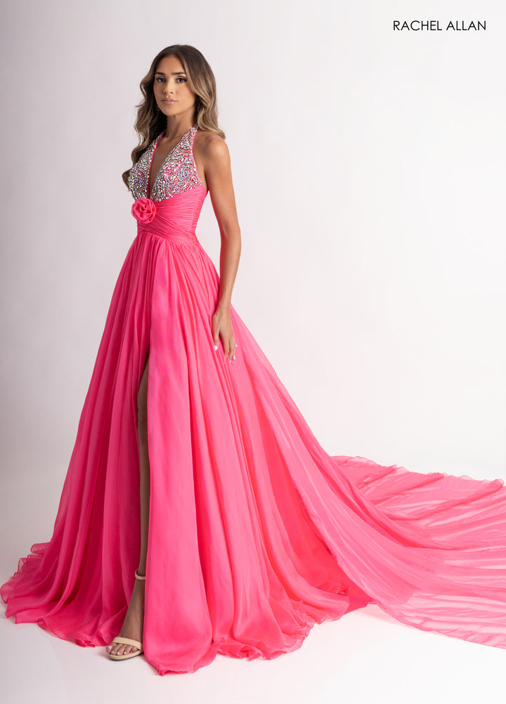 Chiffon Halter A-line Slit Gown by Rachel Allan 50392