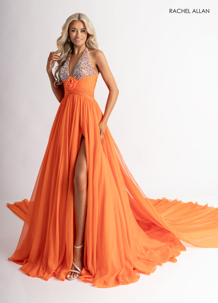 Chiffon Halter A-line Slit Gown by Rachel Allan 50392