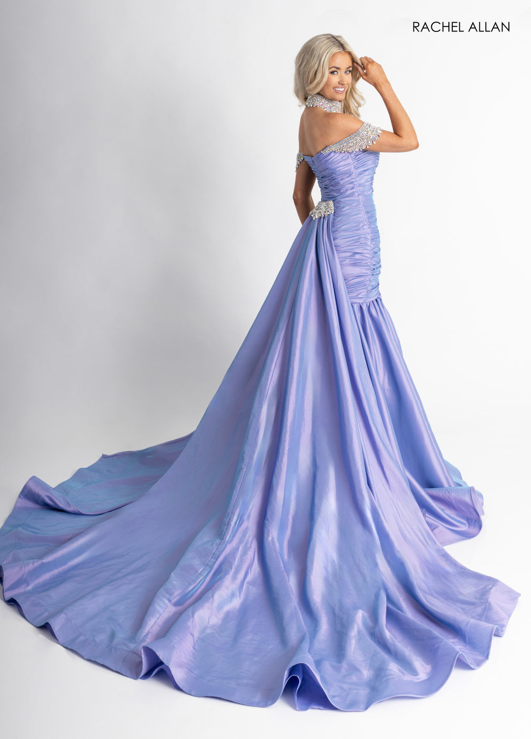 Taffeta Off Shoulder Slit Gown by Rachel Allan 50396