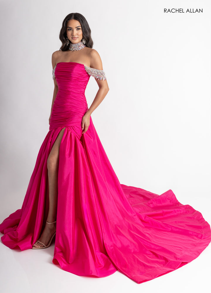 Taffeta Off Shoulder Slit Gown by Rachel Allan 50396