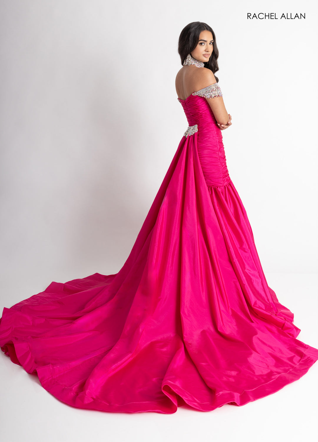 Taffeta Off Shoulder Slit Gown by Rachel Allan 50396
