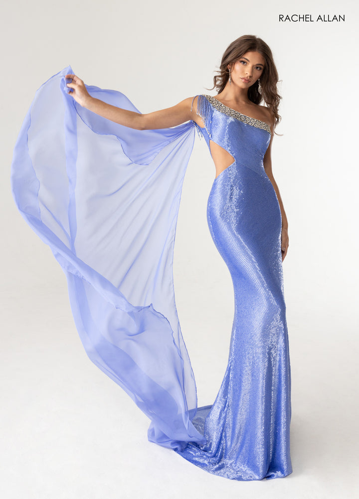 Fitted One Shoulder Slit Gown by Rachel Allan 50398