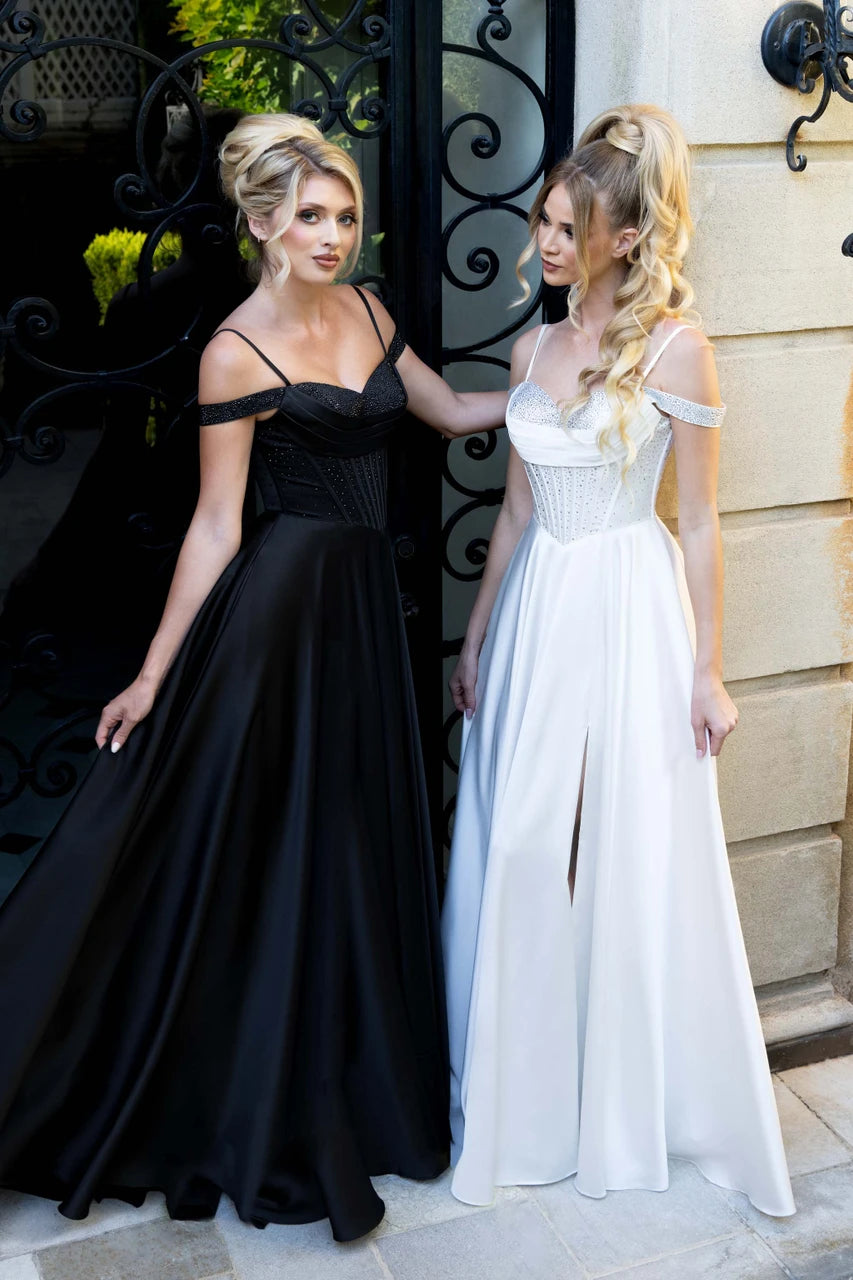 Satin Cold Shoulder A-line Slit Gown by Lenovia 8502
