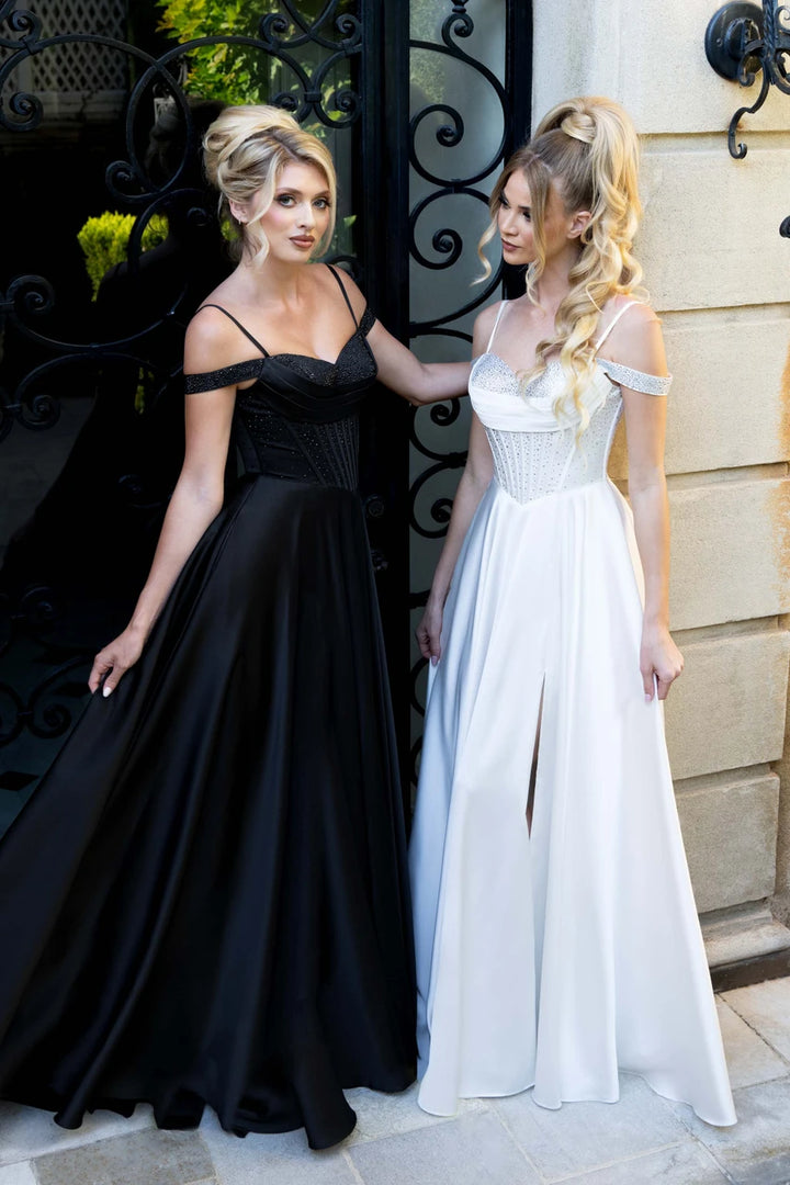 Satin Cold Shoulder A-line Slit Gown by Lenovia 8502