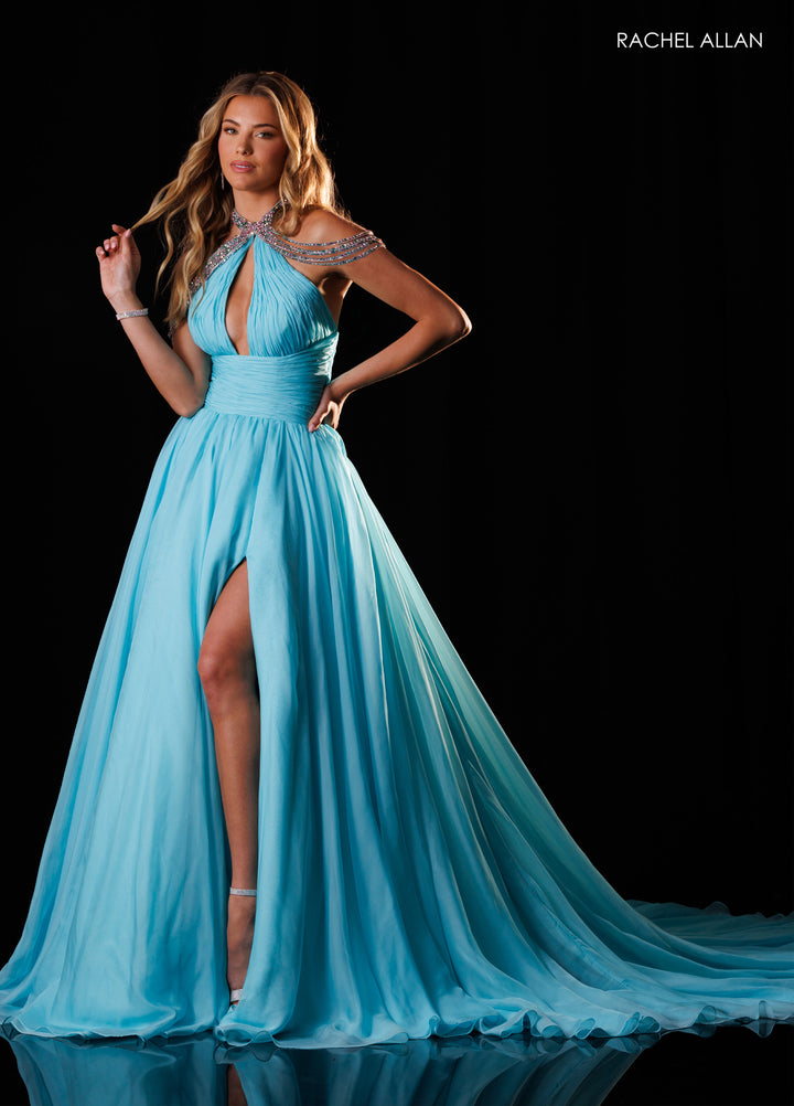 Chiffon Halter A-line Slit Gown by Rachel Allan 50430