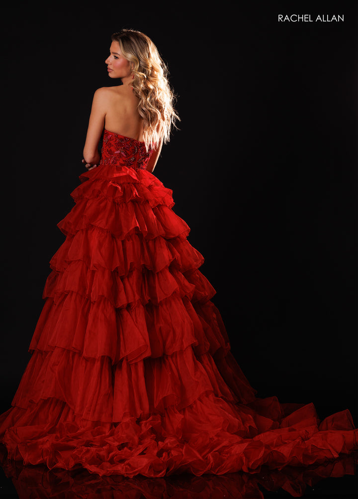 Strapless Ruffled Slit Gown by Rachel Allan 50431