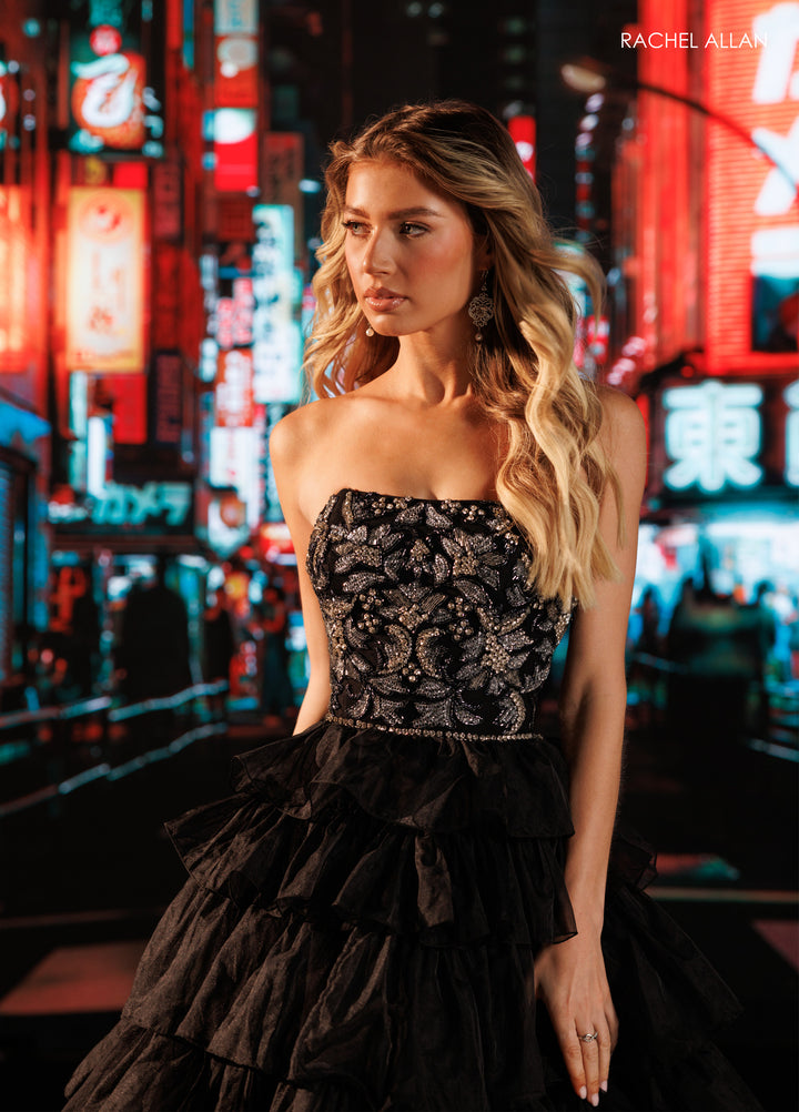 Strapless Ruffled Slit Gown by Rachel Allan 50431