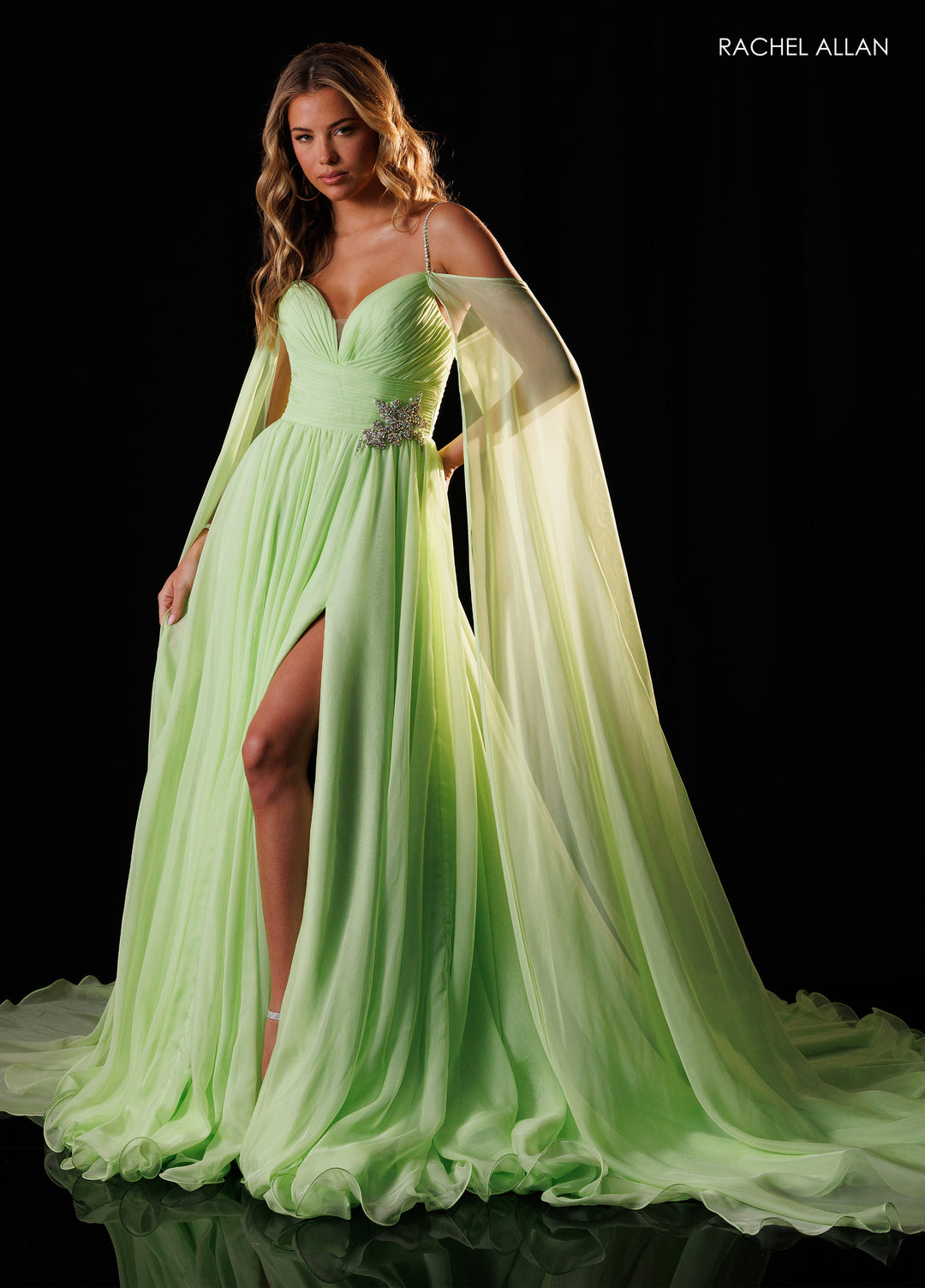 Cape Sleeve A-line Slit Gown by Rachel Allan 50444