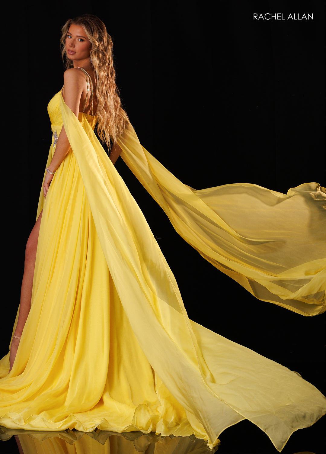 Cape Sleeve A-line Slit Gown by Rachel Allan 50444