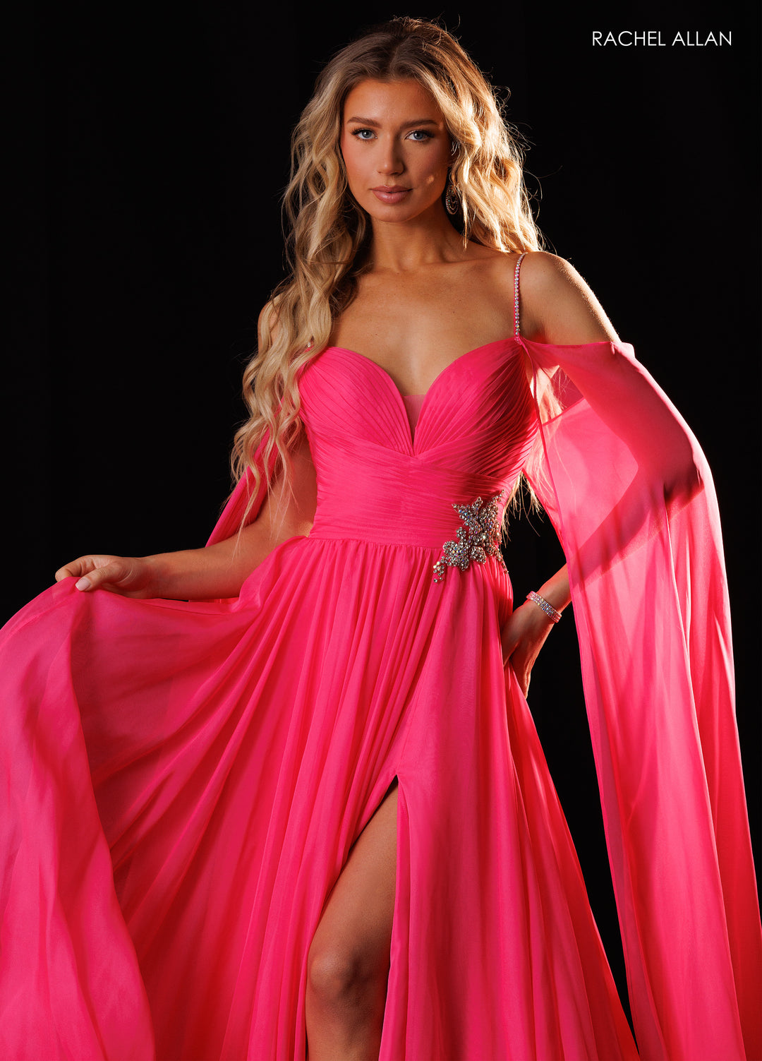 Cape Sleeve A-line Slit Gown by Rachel Allan 50444
