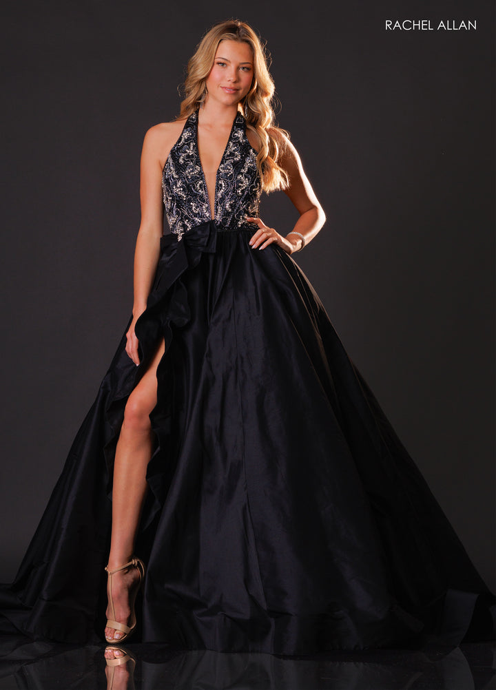 Taffeta Halter A-line Slit Gown by Rachel Allan 50447
