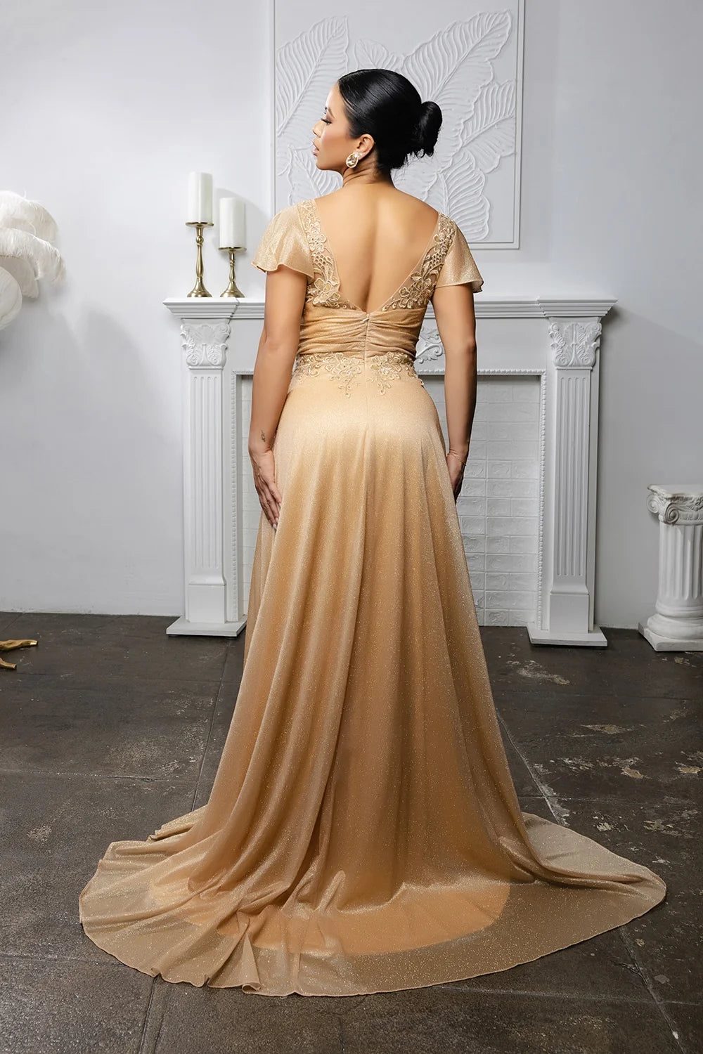 Short Sleeve A-line Slit Gown by May Queen MQ2196