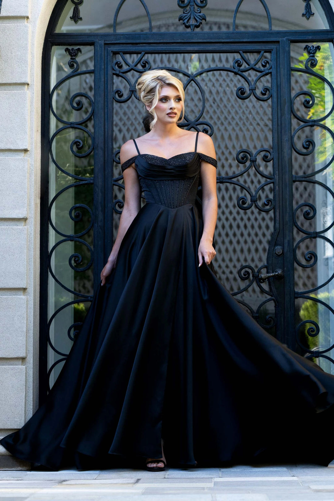 Satin Cold Shoulder A-line Slit Gown by Lenovia 8502