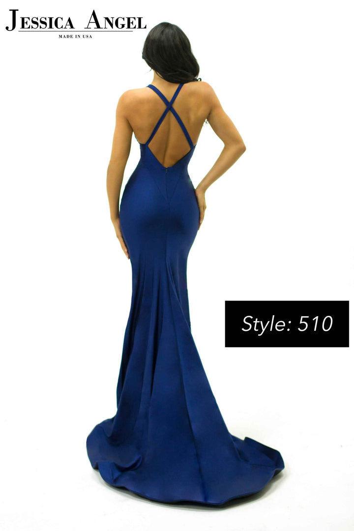 Jersey Fitted V-Neck Slit Gown by Jessica Angel 510
