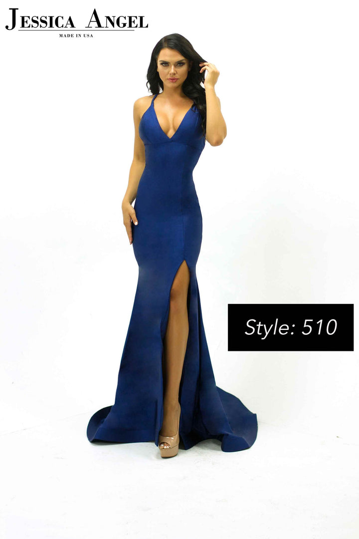 Jersey Fitted V-Neck Slit Gown by Jessica Angel 510