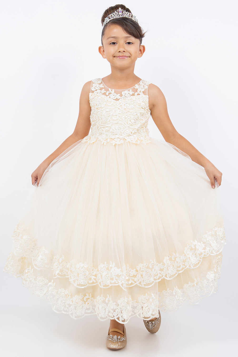 Girls Applique Sleeveless Tulle Gown by Cinderella Couture 5129