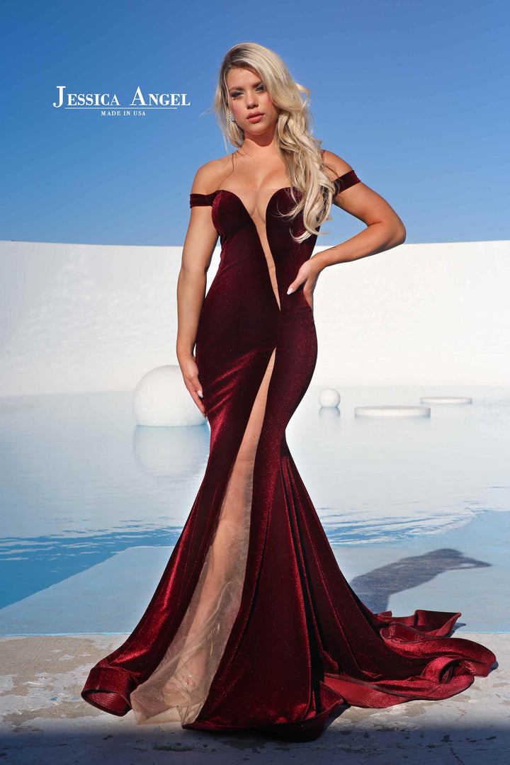 Jersey Fitted Off Shoulder Slit Gown by Jessica Angel 513
