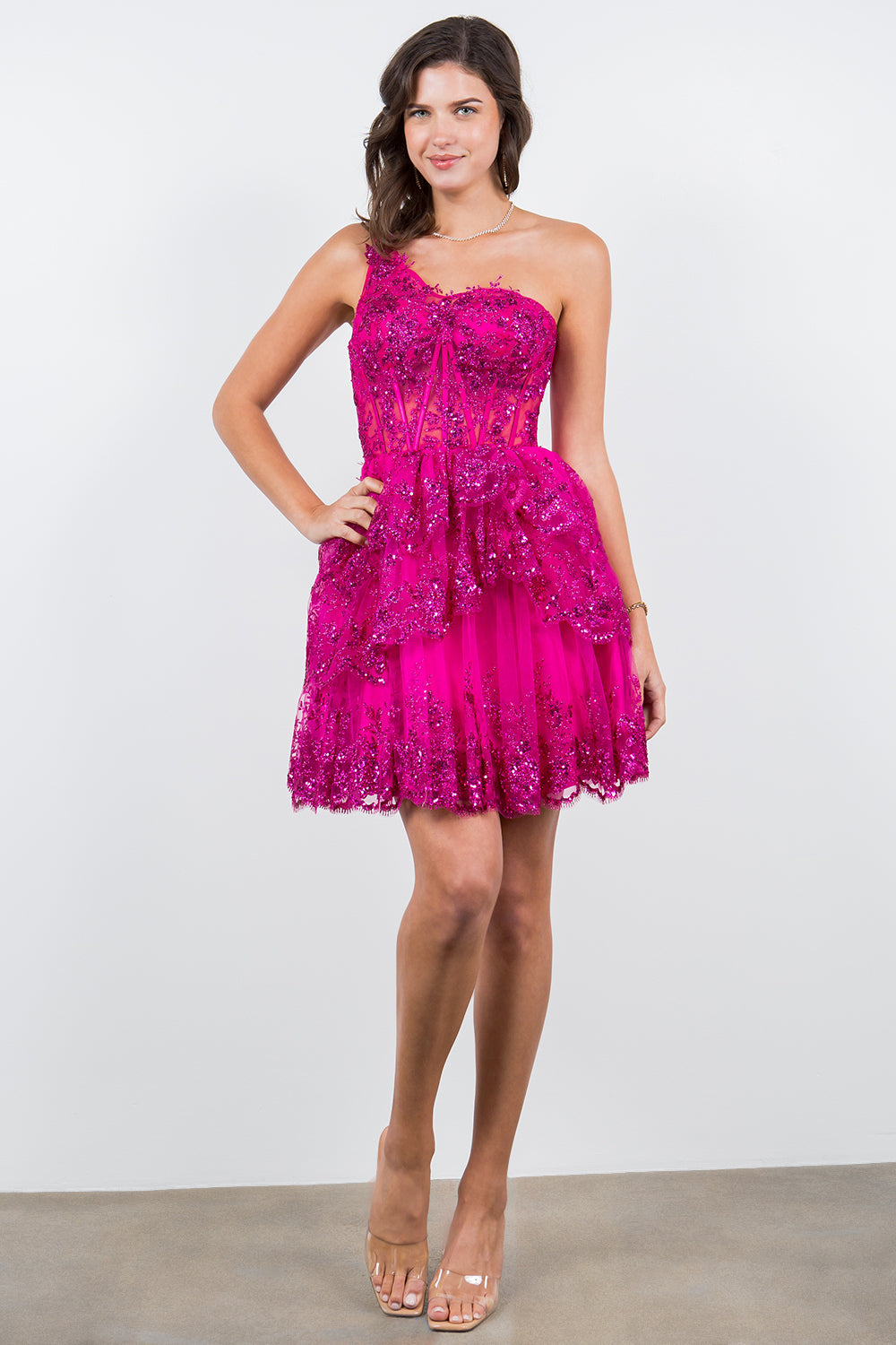 Short One Shoulder Tiered Dress by Cinderella Couture 5132J - Outlet