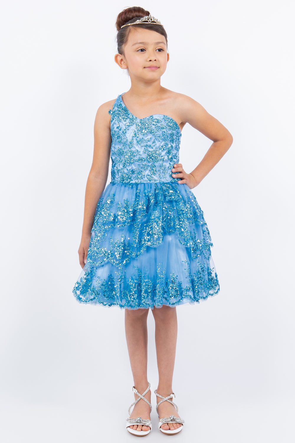 Girls Short One Shoulder Tiered Dress by Cinderella Couture 5132